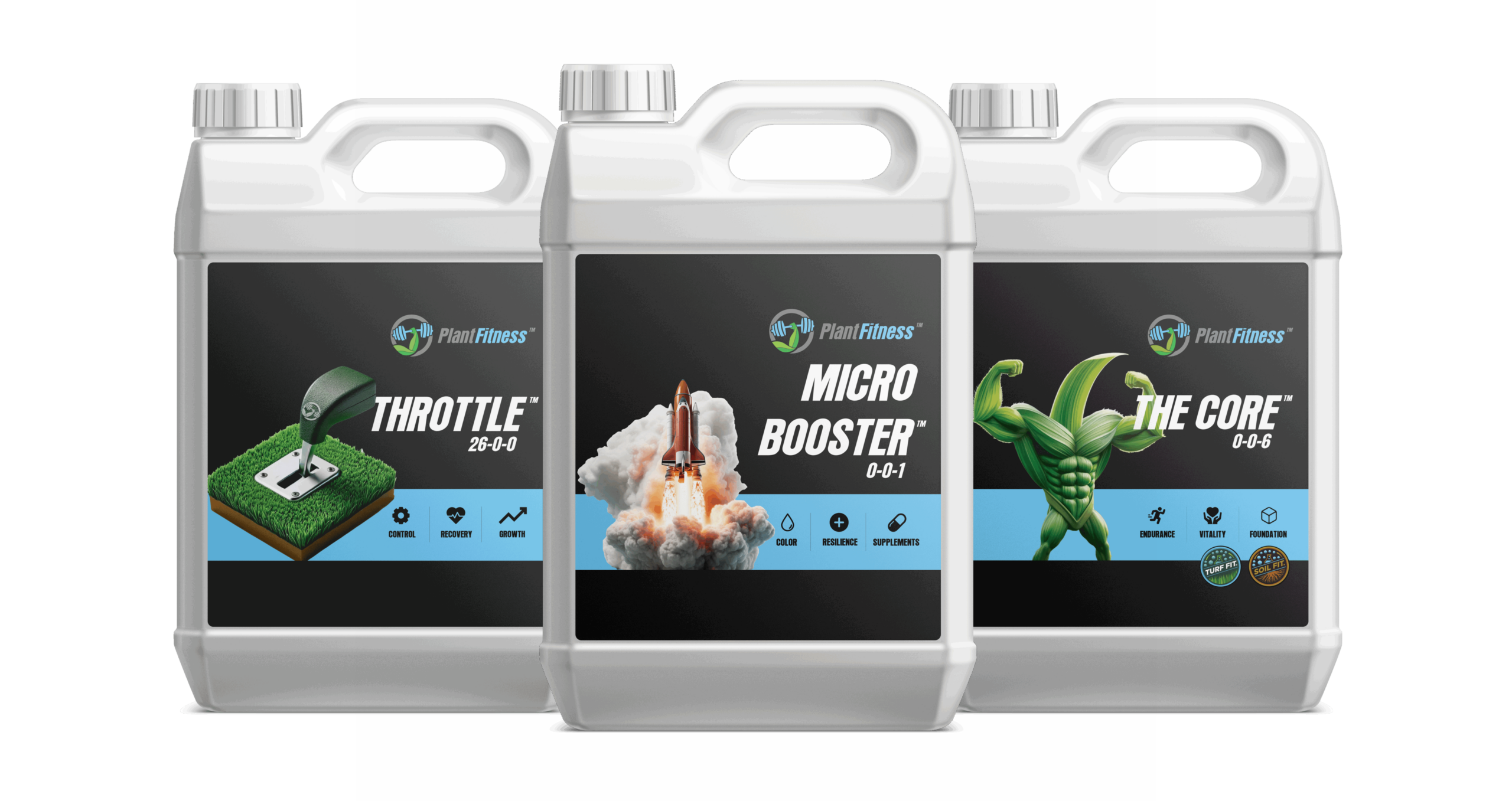 Three Plantfitness Products. Throttle, Microbooster and The Core.